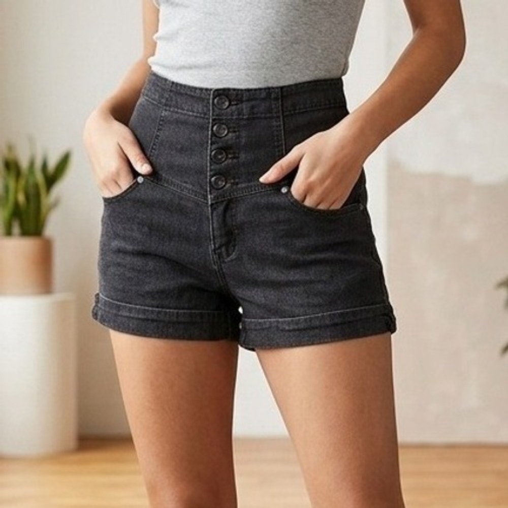 Miley Cyrus Max Azria Womens High Waisted‎ Denim Shorts Black Button Fly Size 9